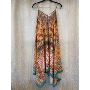 Umgee Mixed Scarf Print‎ Spaghetti Straps MidiDress with Shark bite Hem Inhon S